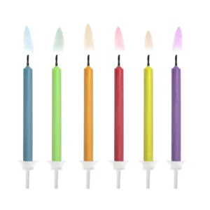 Sünnipäevaküünlad värvilise leegiga 6 cm – 6 eri värvi küünalt ja hoidjat koogile