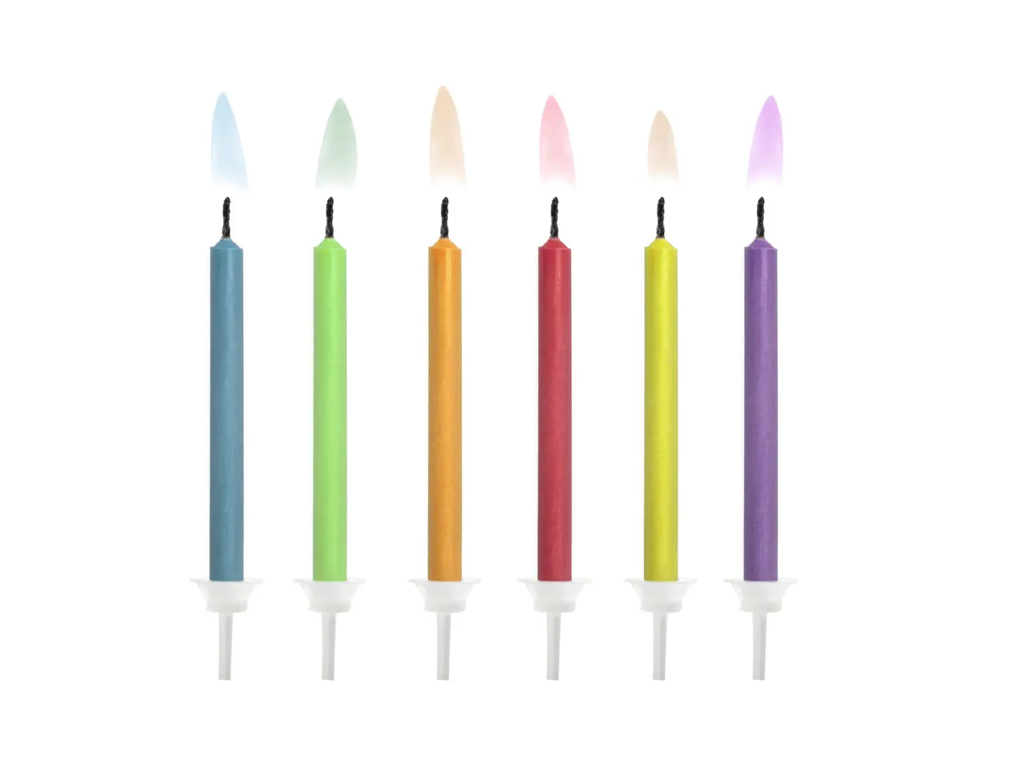 Sünnipäevaküünlad värvilise leegiga 6 cm – 6 eri värvi küünalt ja hoidjat koogile